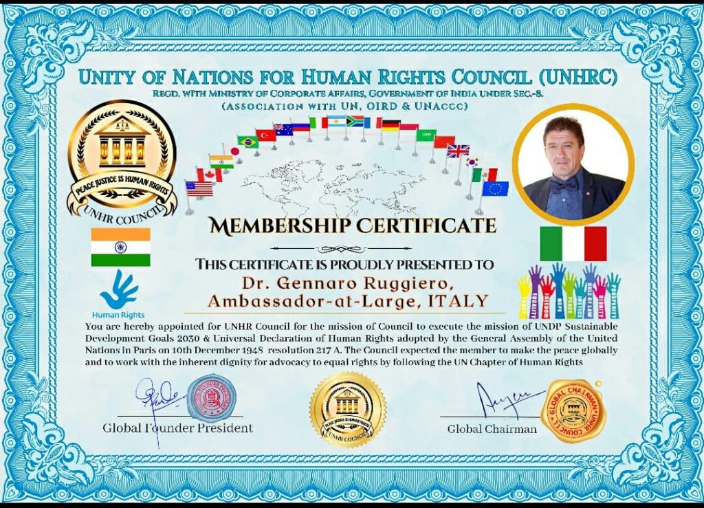 Membership Certificate della Unity of Nations for Human Rights Council (UNHRC), ente registrato in India, intestato a Gennaro Ruggiero