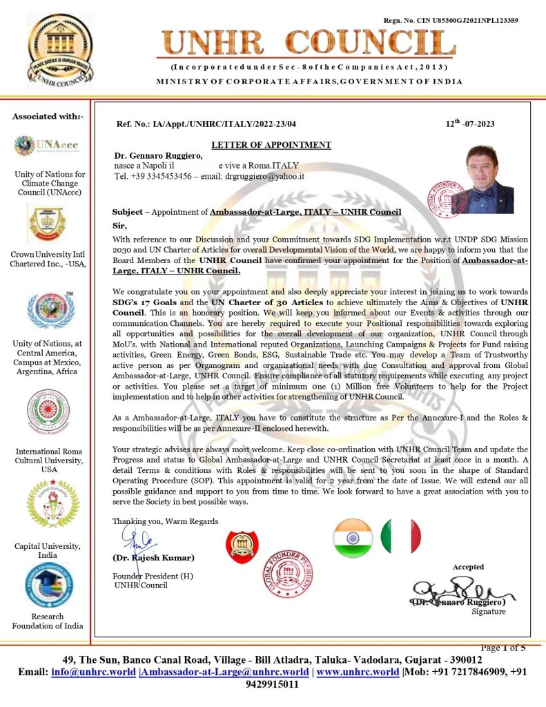 Letter of Appointment dello UNHR Council del 12 luglio 2023 indirizzata a Gennaro Ruggiero, con la data di nascita oscurata